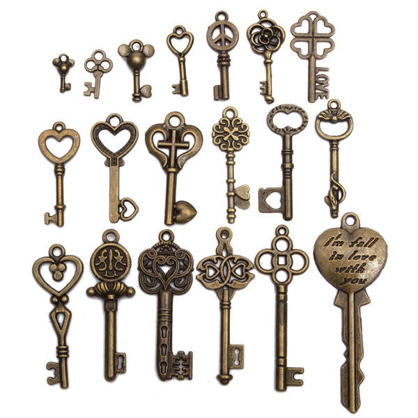19Pcs Antique Vintage Skeleton Key Set Lot Pendant Heart Bow Lock Steampunk Jewel