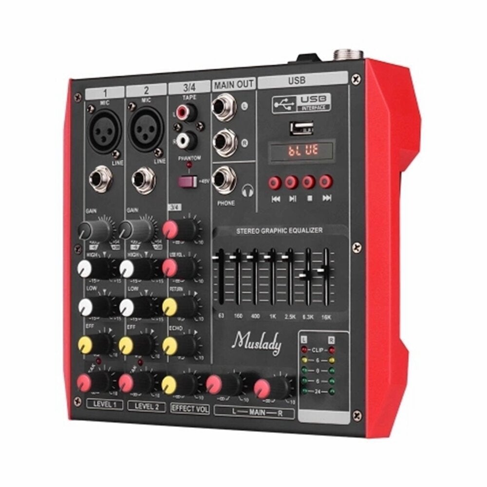 4 Channel Audio Bluetooth Mixer Mixing Console with 7-Band EQualizer USB Phantom Power 48V