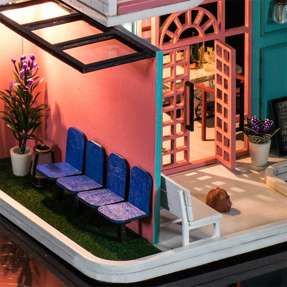 Pink Cafe House 30*19*22CM DIY Doll House With Furniture Light Cover Gift Toy