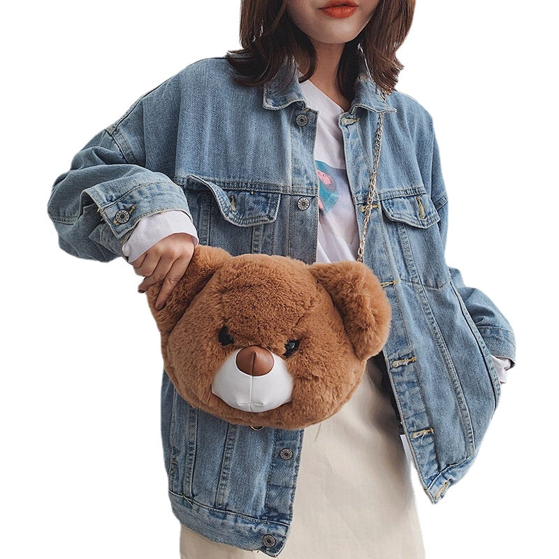 Women Cute Plush Bear Chains Shoulder Bag Crossbody Bag