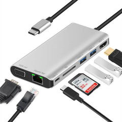 8 in 1 Type-C USB Hub Laptop charging Docking Station with Type-c SD USB3.0*2 HDMI VGA 3.5MM Headphone