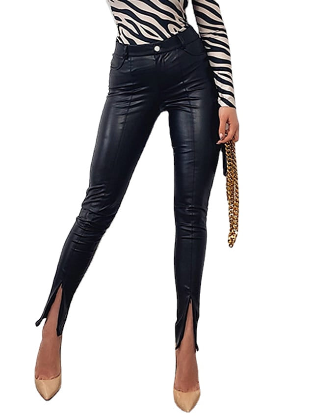 Fashion Faux Leather Micro-elastic Women's Calf Split Pants