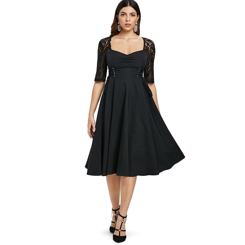 Lace Panel Ruched Bust Little Black Dress - JustgreenBox