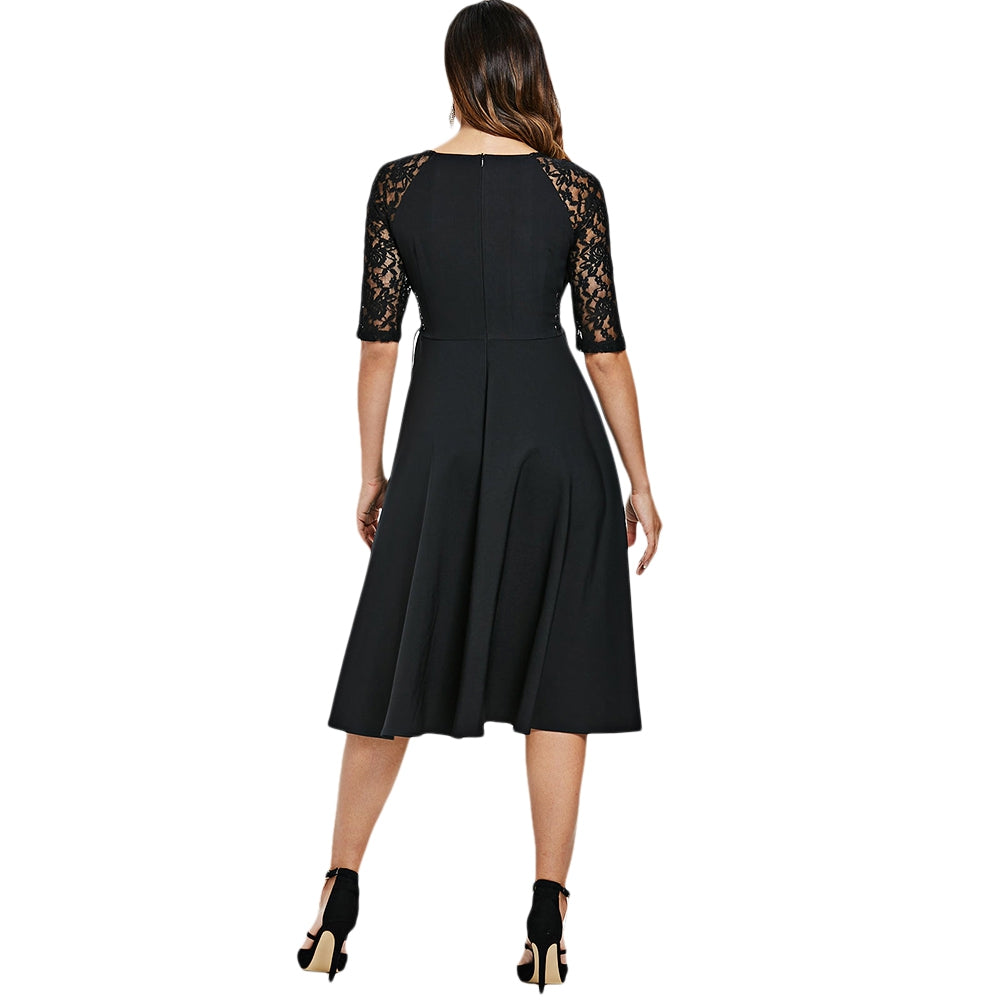 Lace Panel Ruched Bust Little Black Dress - JustgreenBox