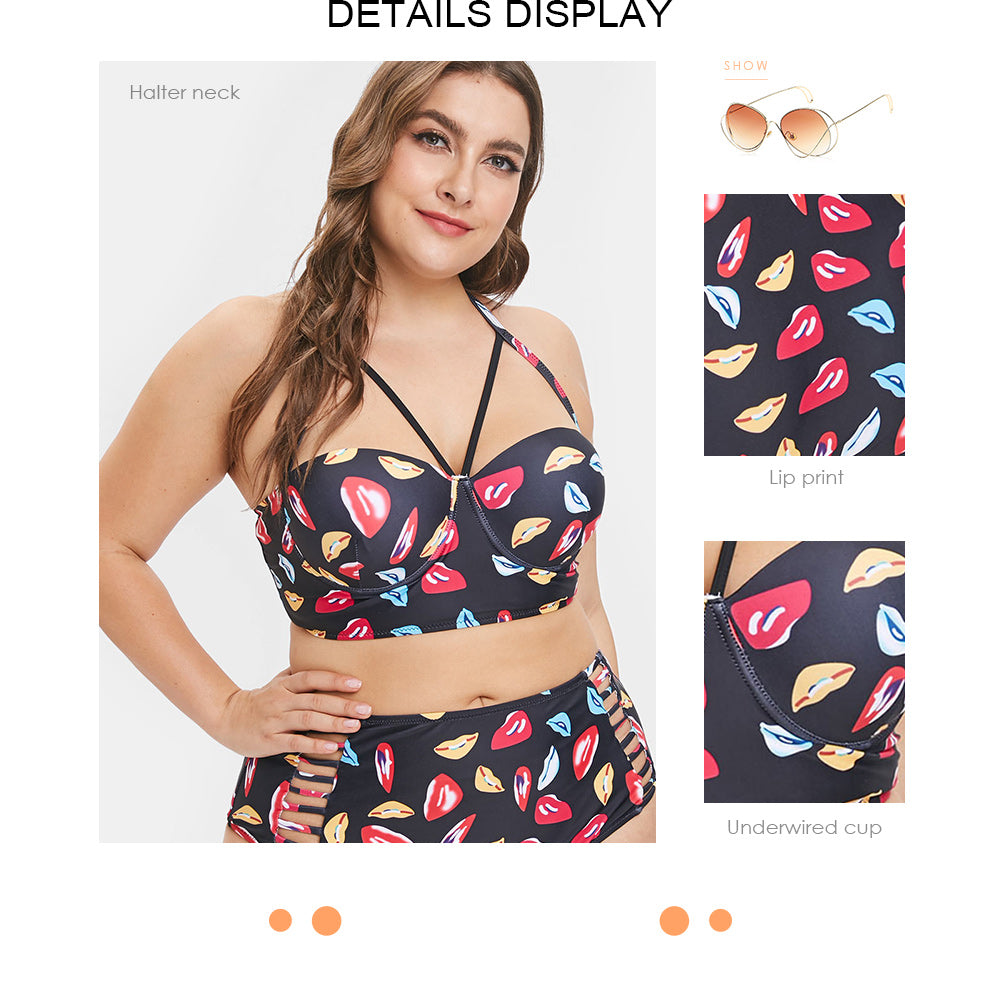 Plus Size Halter Neck Lip Print Bikini Set - JustgreenBox