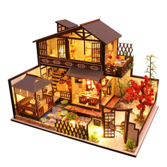 Wooden DIY Courtyard Doll House Miniature Kit Handmade Assemble Toy with LED Light Dust-proof Cover for Gift Collection