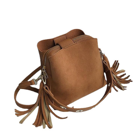 Fashion Scrub Women Bucket Bag Vintage Tassel Messenger Bag High Quality Retro Shoulder Bag Simple Crossbody Bag
