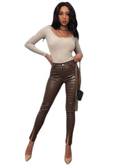 Fashion Faux Leather Micro-elastic Women's Calf Split Pants