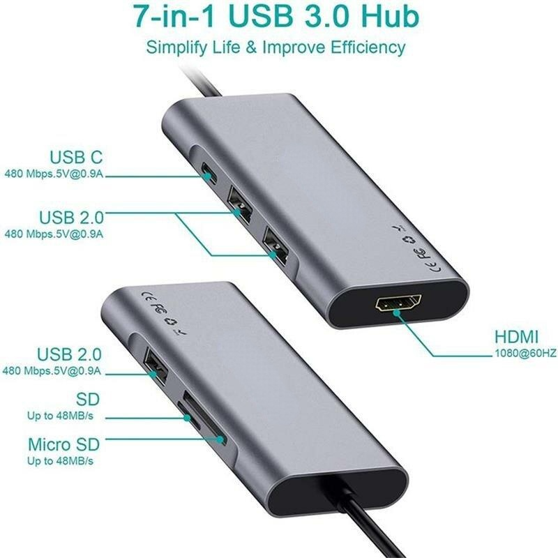 7-In-1 USB 3.0 HUB Docking Station Adapter with 1*USB C PD 100W Power Delivery Compatible with Chromebook