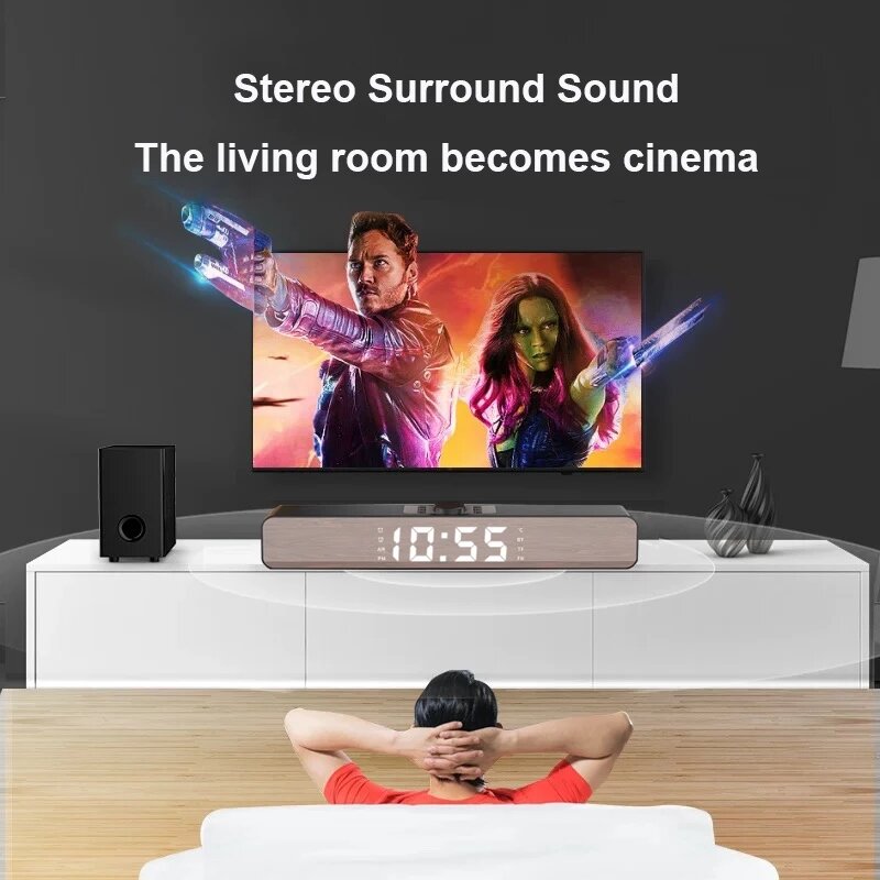 Alarm Clock bluetooth Speaker With LED Digital Display Wired Wireless Home Theater Surround Sound Bar