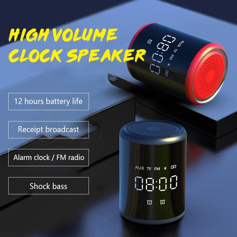 Bluetooth Speaker LED Screen Alarm Clock Portable Speaker Loud Stereo Sound Rich Bass TF/AUX/FM Radio Player with Mic