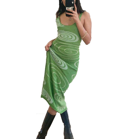 Print Knit Bodycon Dress Women Green Y2K Summer Hollow Out Sexy Sleeveless Spaghetti Strap Beach Midi Dresses Party