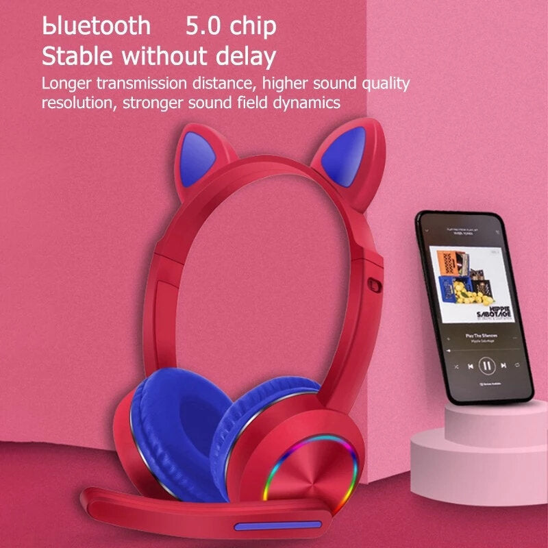 Wireless bluetooth Headphones Stereo Bass 40MM Dynamic Earphone Luminous Cartoon Cute Cat Ear Headset with Mic