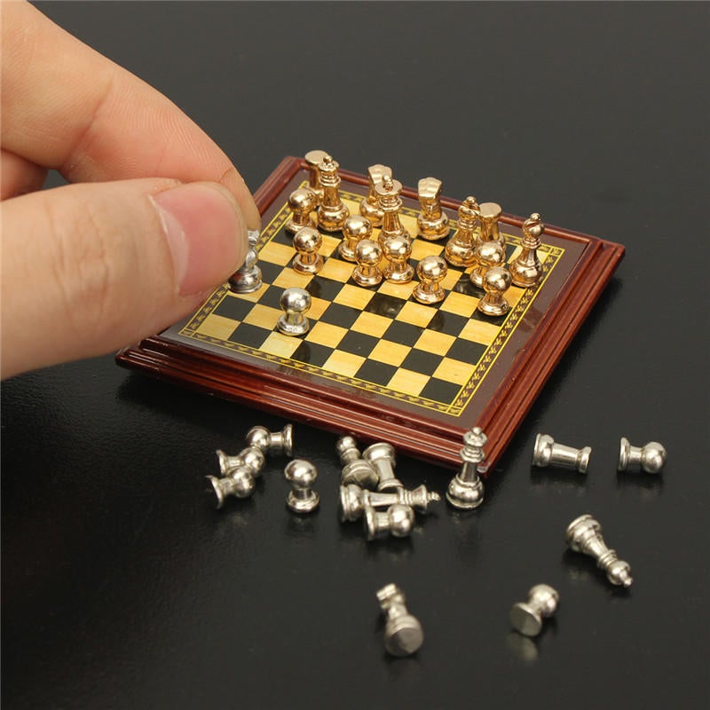 1:12 Scale Miniature Metal Chess Set Board Toys Home Room Ornaments