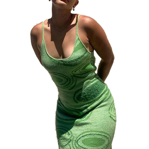 Print Knit Bodycon Dress Women Green Y2K Summer Hollow Out Sexy Sleeveless Spaghetti Strap Beach Midi Dresses Party