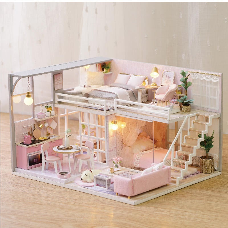 DIY Doll House Girlish Dream Miniature Furniture With Light Music Cover Gift Decor