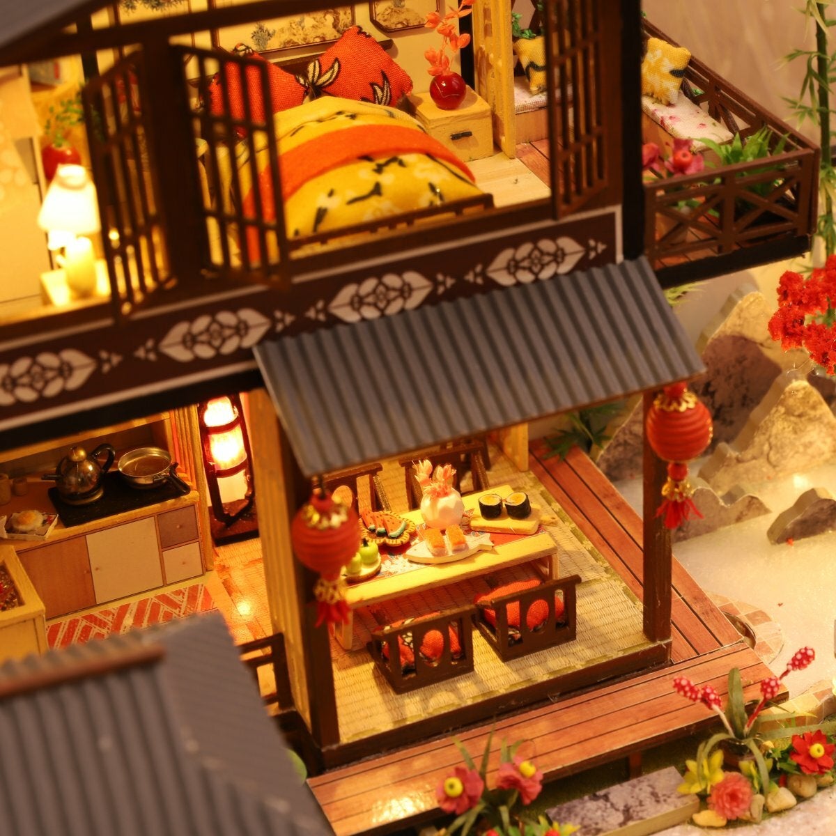 Wooden DIY Courtyard Doll House Miniature Kit Handmade Assemble Toy with LED Light Dust-proof Cover for Gift Collection