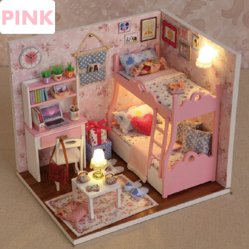 Creative Room DIY Handmade Assembly Doll House Miniature Furniture Kit with LED Light Dust Proof Cover Toy for Kids Birthday Gift Home Decoration Collection