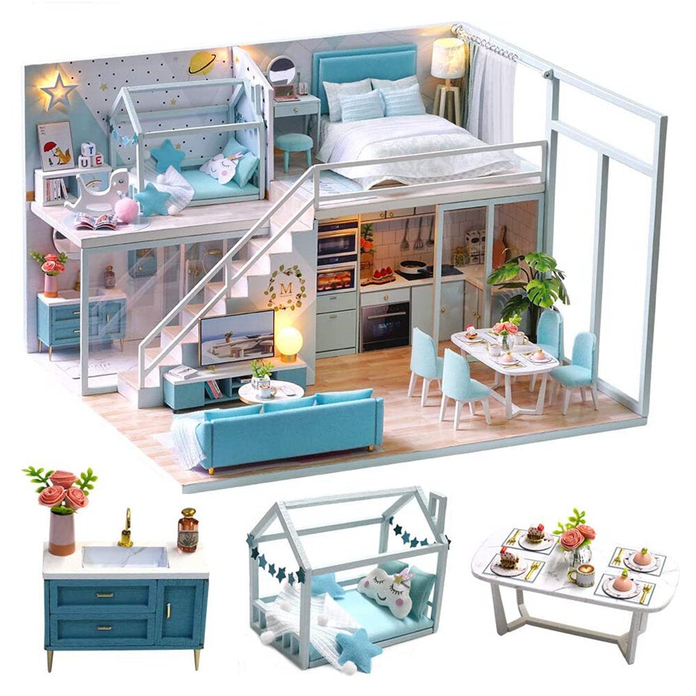 Creative DIY Handmade Assemble Doll House Miniature Furniture Kit with Music Movement LED Effect Dust Proof Cover Toy for Kids Birthday Xmas Gift House Decoration