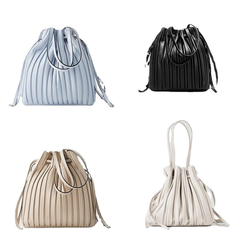 PU Leather Shoulder Bag Pleated Stripe Bucket Bag Ladies Crossbody Bag For Women Bag Handbag