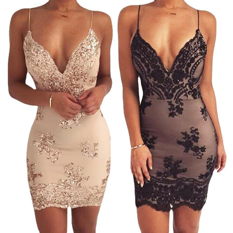 Women Sequined Bodycon Spaghetti Strap Dress Deep V Neck Backless Night Club Party