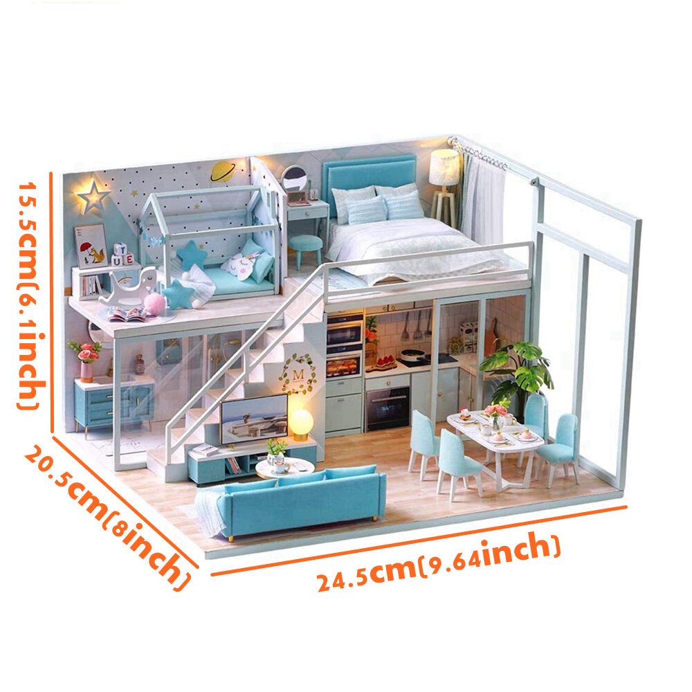 Creative DIY Handmade Assemble Doll House Miniature Furniture Kit with Music Movement LED Effect Dust Proof Cover Toy for Kids Birthday Xmas Gift House Decoration