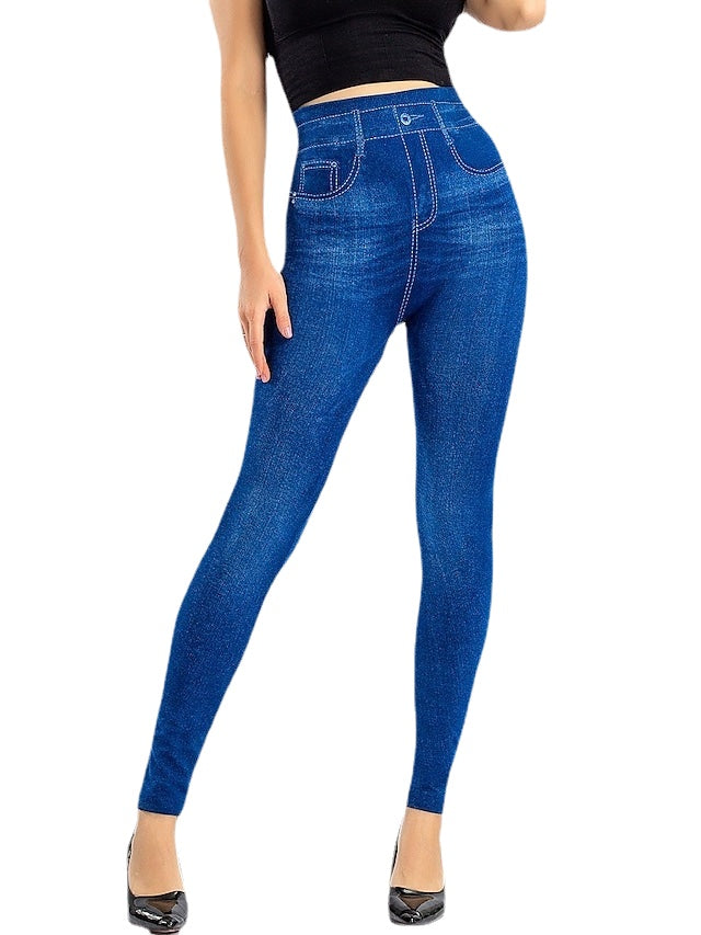 Girls Faux Denim High Waist Fashion Casual Stretchy Ankle-Length Pants