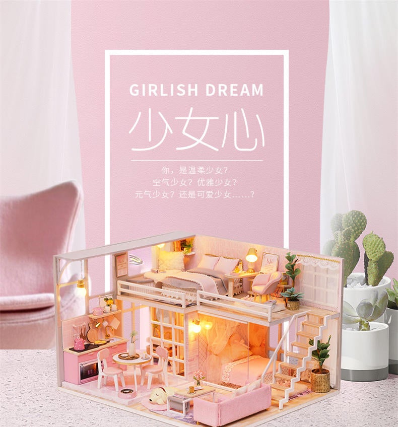 DIY Doll House Girlish Dream Miniature Furniture With Light Music Cover Gift Decor