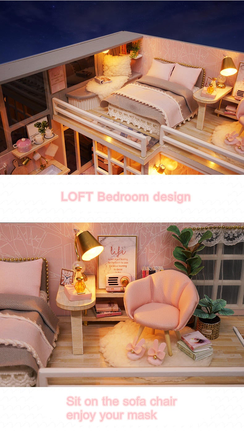 DIY Doll House Girlish Dream Miniature Furniture With Light Music Cover Gift Decor