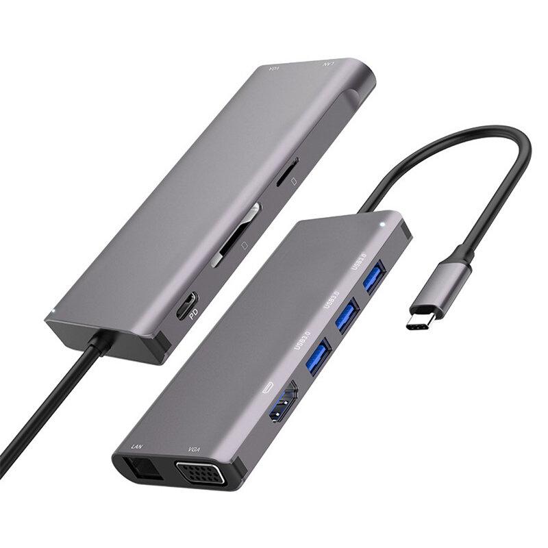 9-in-1 USB C HUB Docking Station Adapter with HDMI PD 100W Power Delivery USB3.0*3 RJ45 Gigabit Ethernet VGA Memory Card