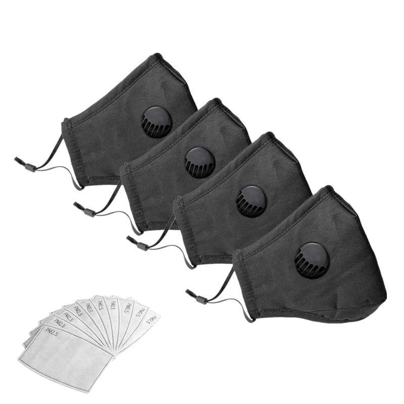 Pack 4 Face Cotton Mask With Breathable Valve, Activated Carbon Filter 10pcs