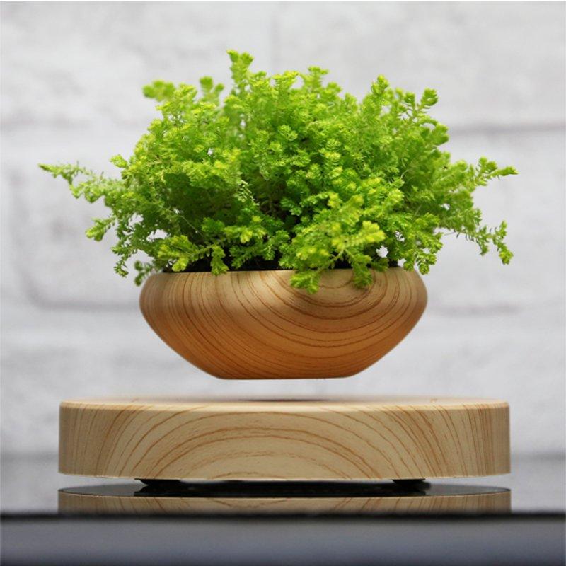 Magnetic Suspended Potted Plant Wood Grain Round LED Indoor Pot Home Office Decoration