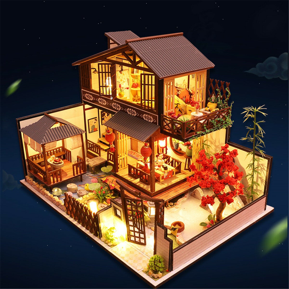 Wooden DIY Courtyard Doll House Miniature Kit Handmade Assemble Toy with LED Light Dust-proof Cover for Gift Collection