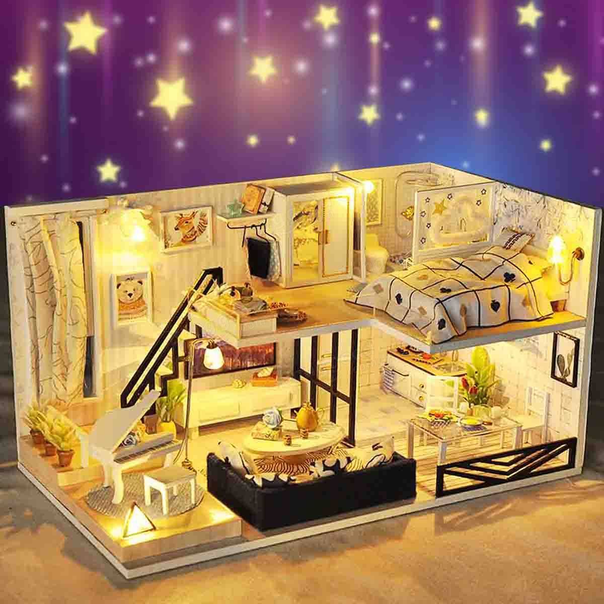 Time Shadow Modern Doll House Miniature DIY Kit With Furniture LED Light Box Gift