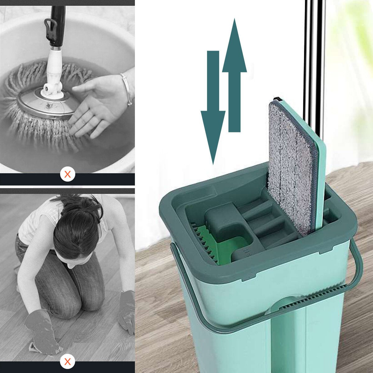 Flat Squeeze Microfiber Mop Bucket Home Floor Tiles Cleaning + 44233 Pads