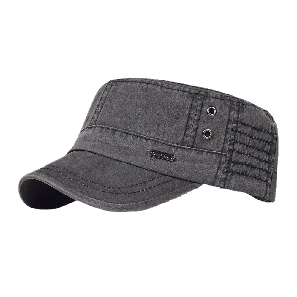 Men Washed Cotton Peaked Cap Letters Metal Label Military Cap Flat Cap