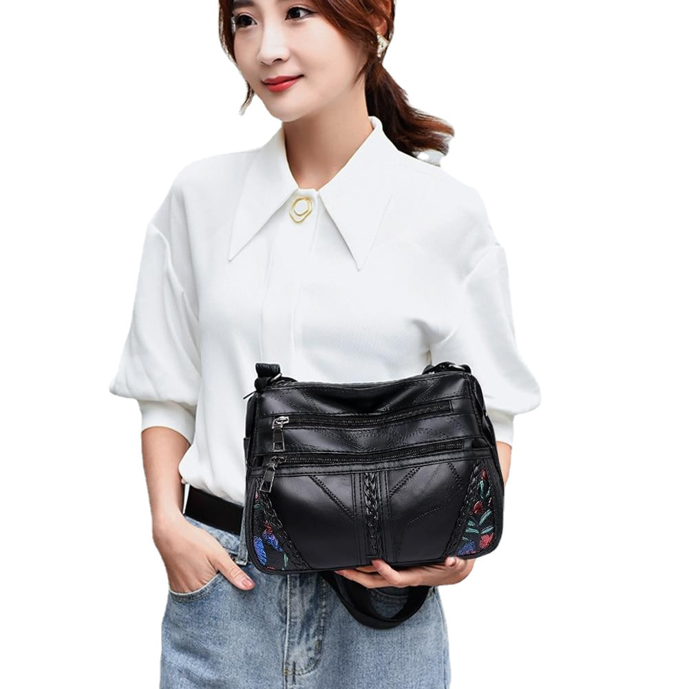 Fashion Soft PU Leather Shoulder Bag Flower Printed Women Crossbody Bags Female Travel Multi Pocket Zipper Messenger Handbags