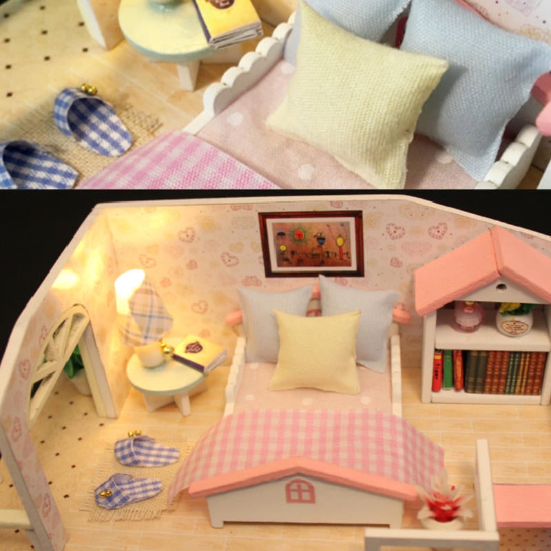 Pink Loft DIY House With Furniture Music Light Cover Miniature Decor Toy