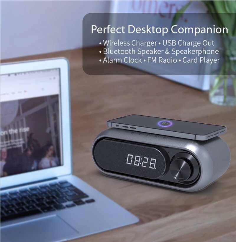 Bluetooth Speaker LED Display Table Alarm Clock Wireless Charger FM Radio TF Card Play Bass Sound Box Subwoofer