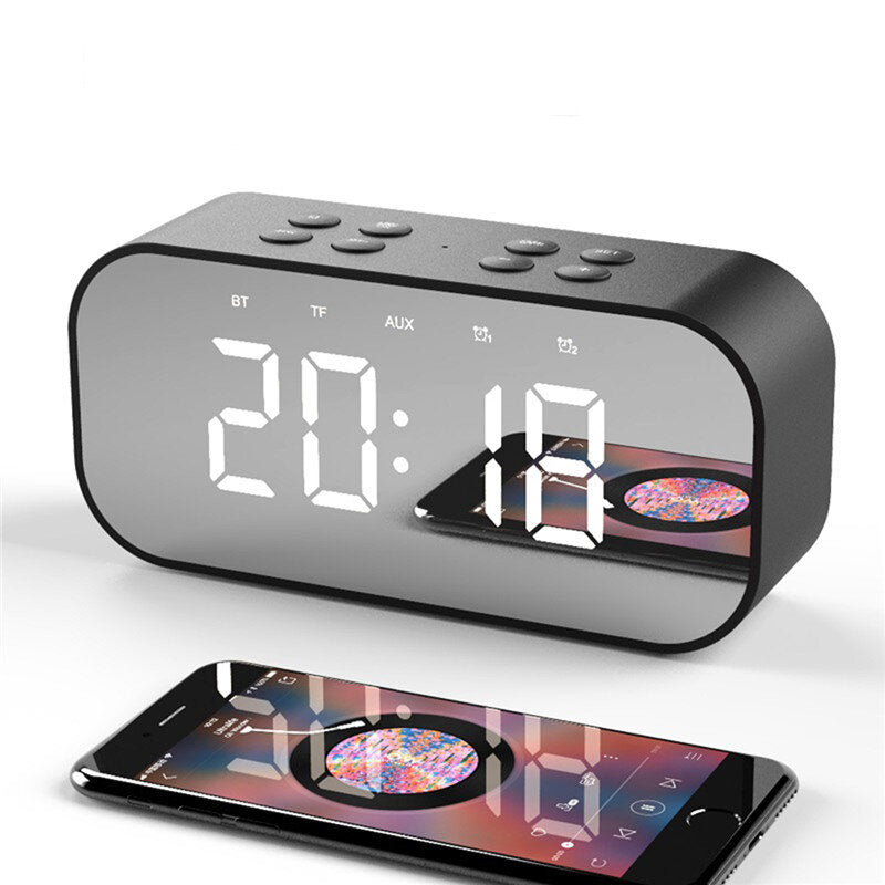 Wireless Bluetooth 5.0 Speaker Double Alarm Clock FM Radio HiFi Music Column Subwoofer Hands-free Call Mirror Screen Display