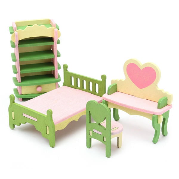 4 Sets of Delicate Wood Furniture Kits for Doll House Miniature