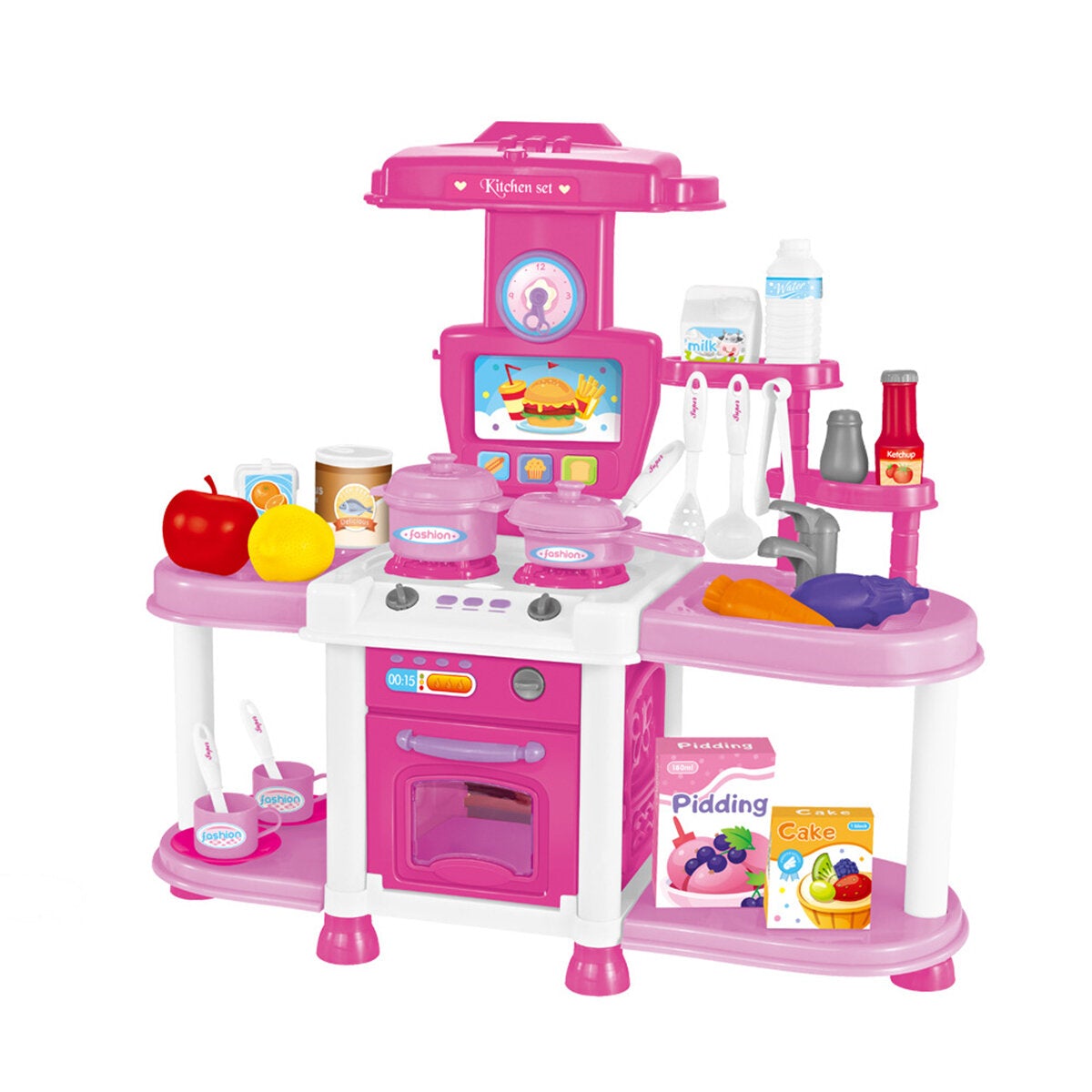 Childrens Playhouse Kitchen Toy Set Sound And Light Effects Girls Cook Utensils
