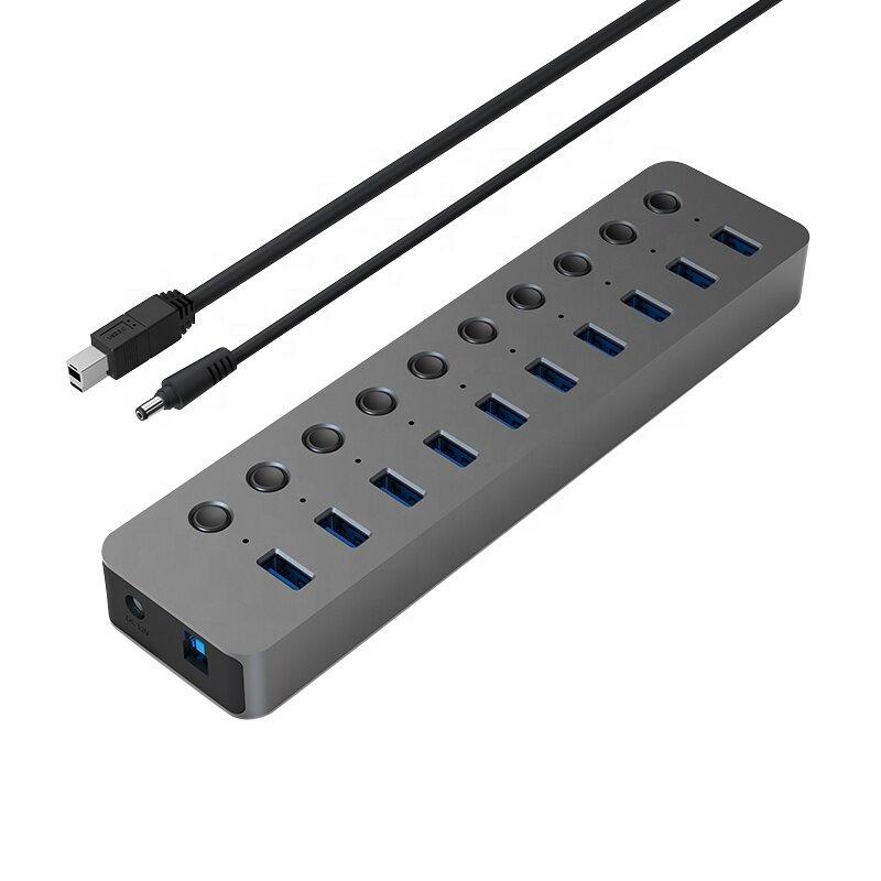 Aluminum 10 Port USB3.0 Hub Adaptor With Individual Power Switch 5GBPs USB 3.0 Hub for iPhone X 12 Pro MAX