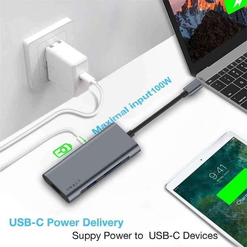 7 in 1 USB-C Hub Docking Station Adapter With USB 3.0 *3 100W Power Delivery USB-C PD3.0 4K HDMI HD Display SD TF