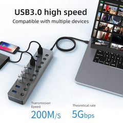 Aluminum 10 Port USB3.0 Hub Adaptor With Individual Power Switch 5GBPs USB 3.0 Hub for iPhone X 12 Pro MAX