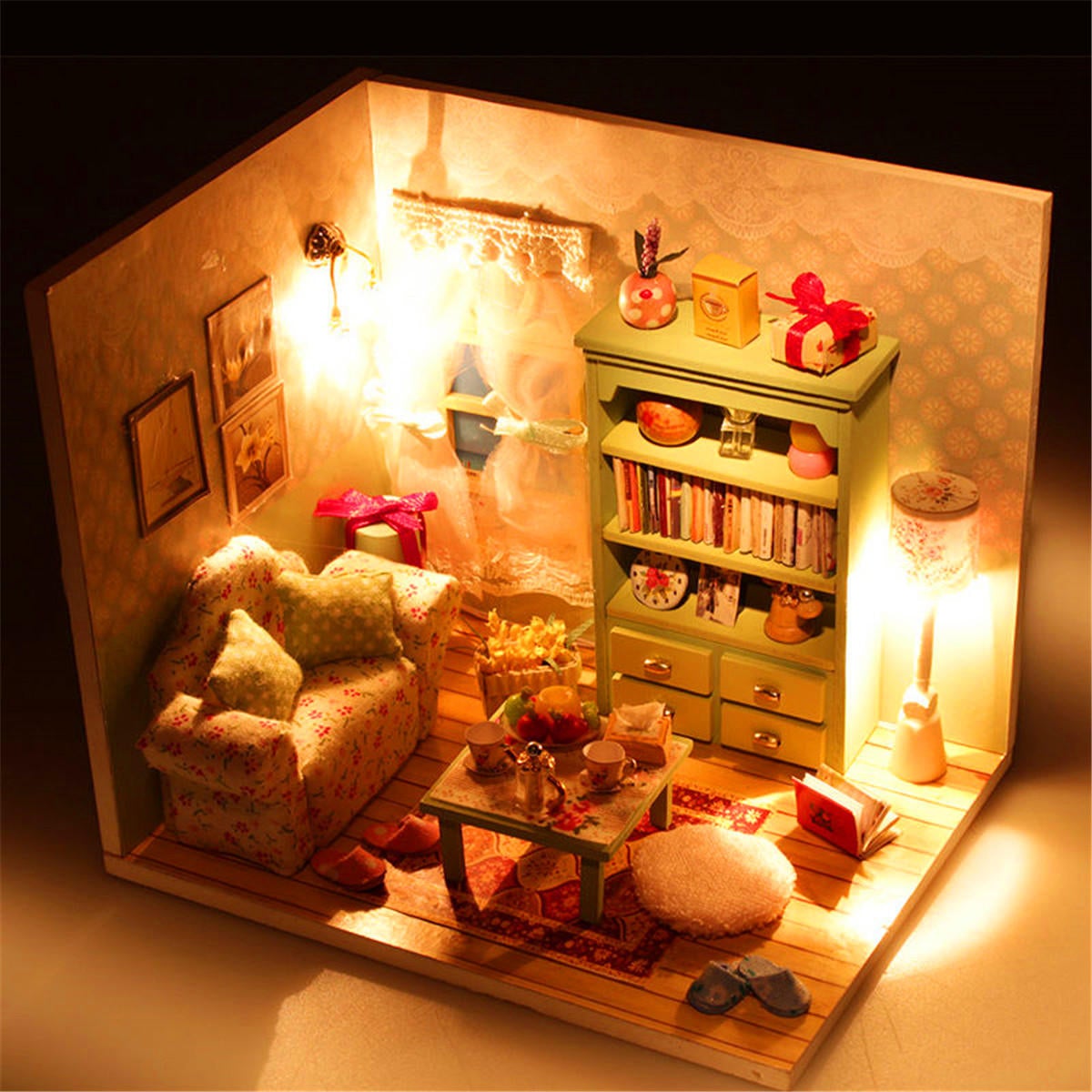 Dream House Wood Miniature With LED+Furniture+Cover Room