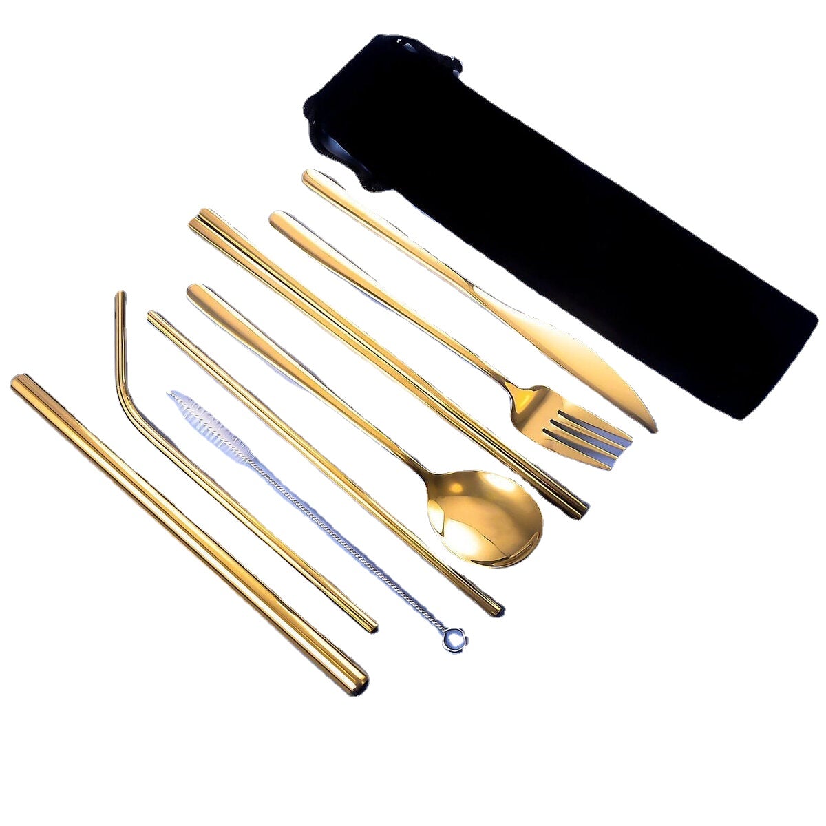 9pcs Titanium-Plated 304 Stainless Steel Cutlery Set Knife Fork Spoon Chopsticks Straw