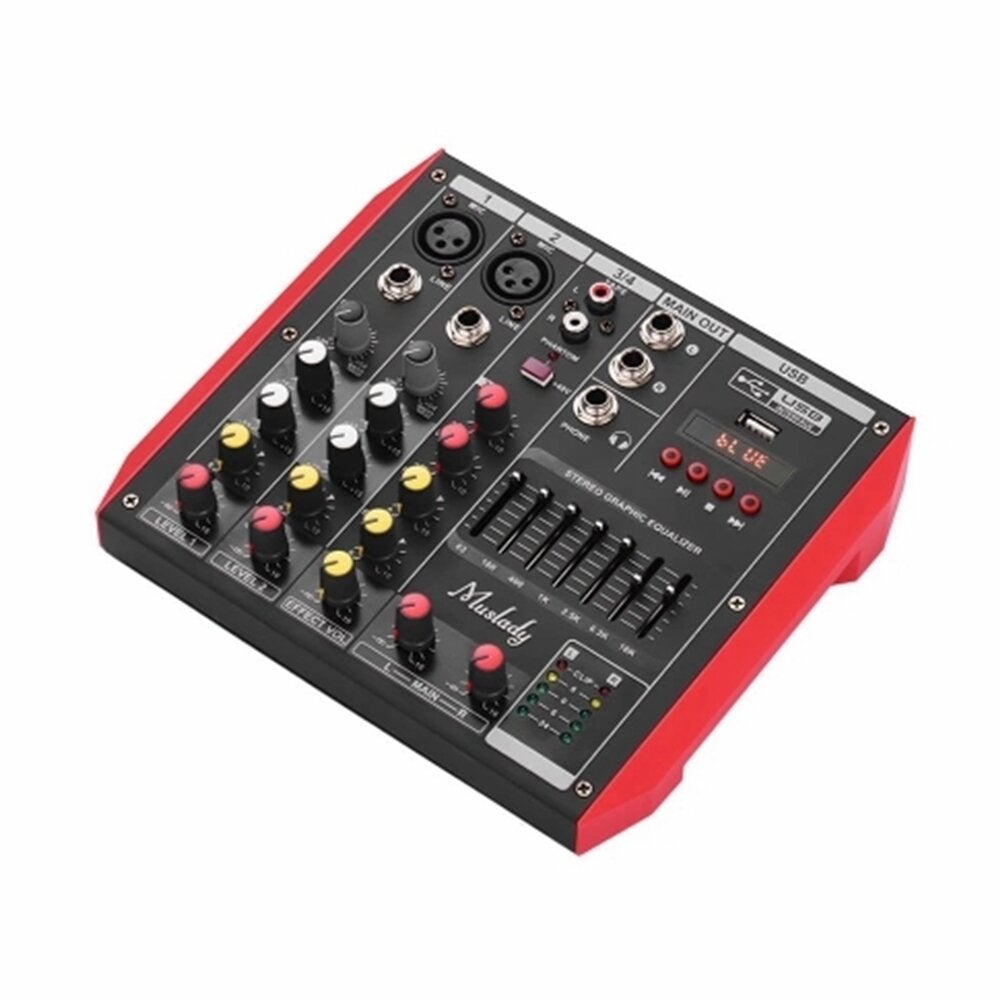 4 Channel Audio Bluetooth Mixer Mixing Console with 7-Band EQualizer USB Phantom Power 48V