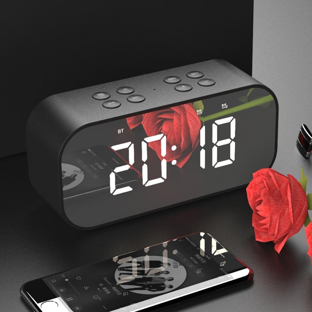 Wireless Bluetooth 5.0 Speaker Double Alarm Clock FM Radio HiFi Music Column Subwoofer Hands-free Call Mirror Screen Display