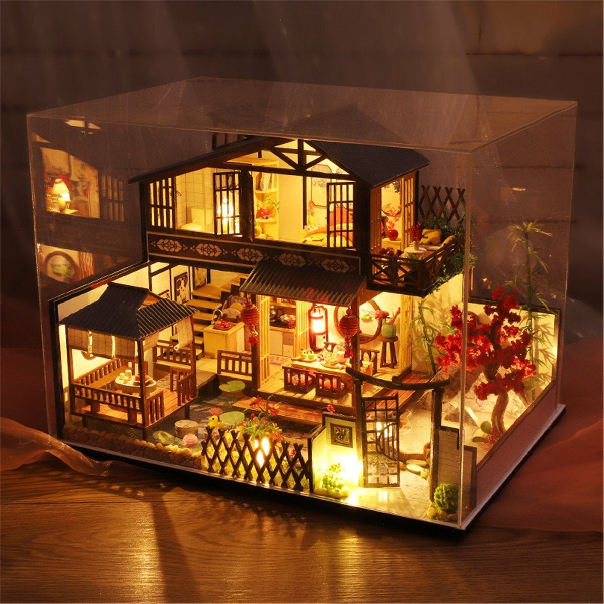 Wooden DIY Courtyard Doll House Miniature Kit Handmade Assemble Toy with LED Light Dust-proof Cover for Gift Collection